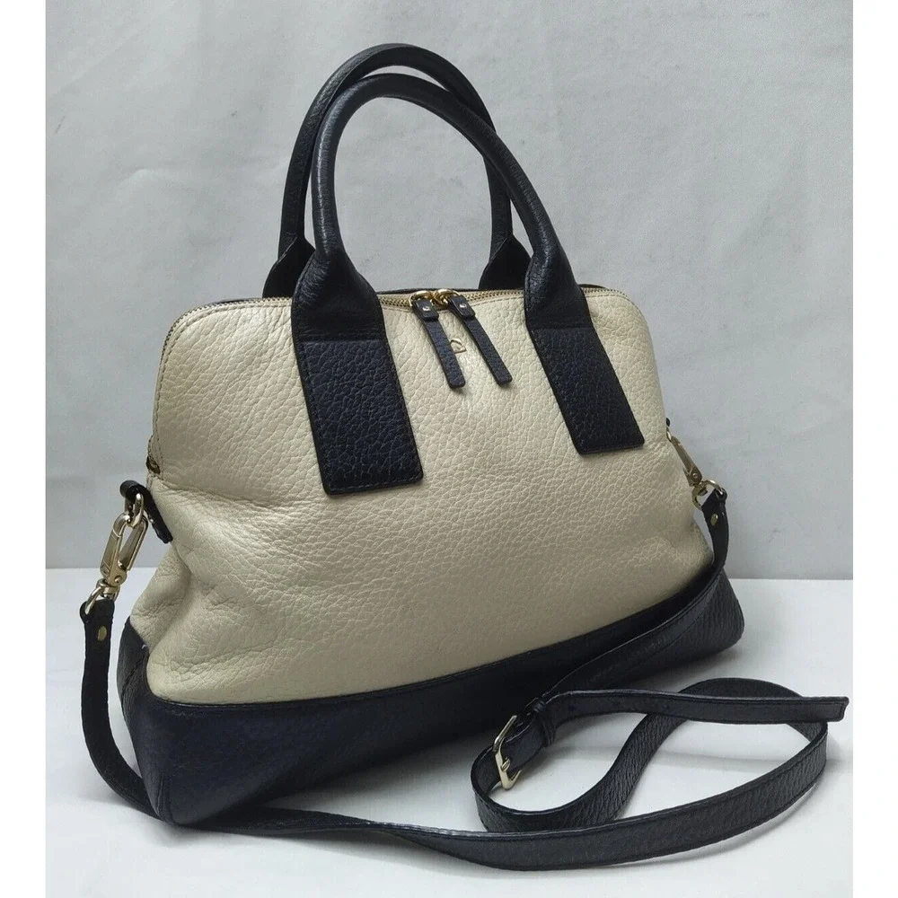 Kate Spade New York Colorblock Ivory Black Pebbled Leather Zipper Satchel Bag
